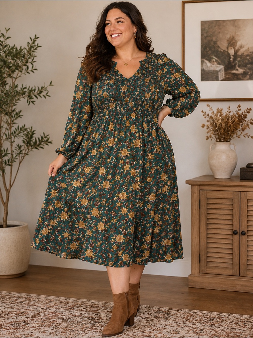 torrid Green Floral Midi Dress with Long Sleeves Cottagecore  prairie earthy